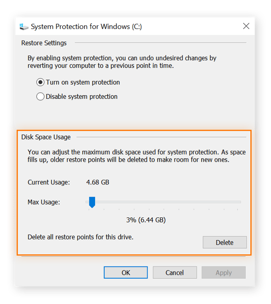 configuration options for System restore, with the "Disk Space Usage" section circled.